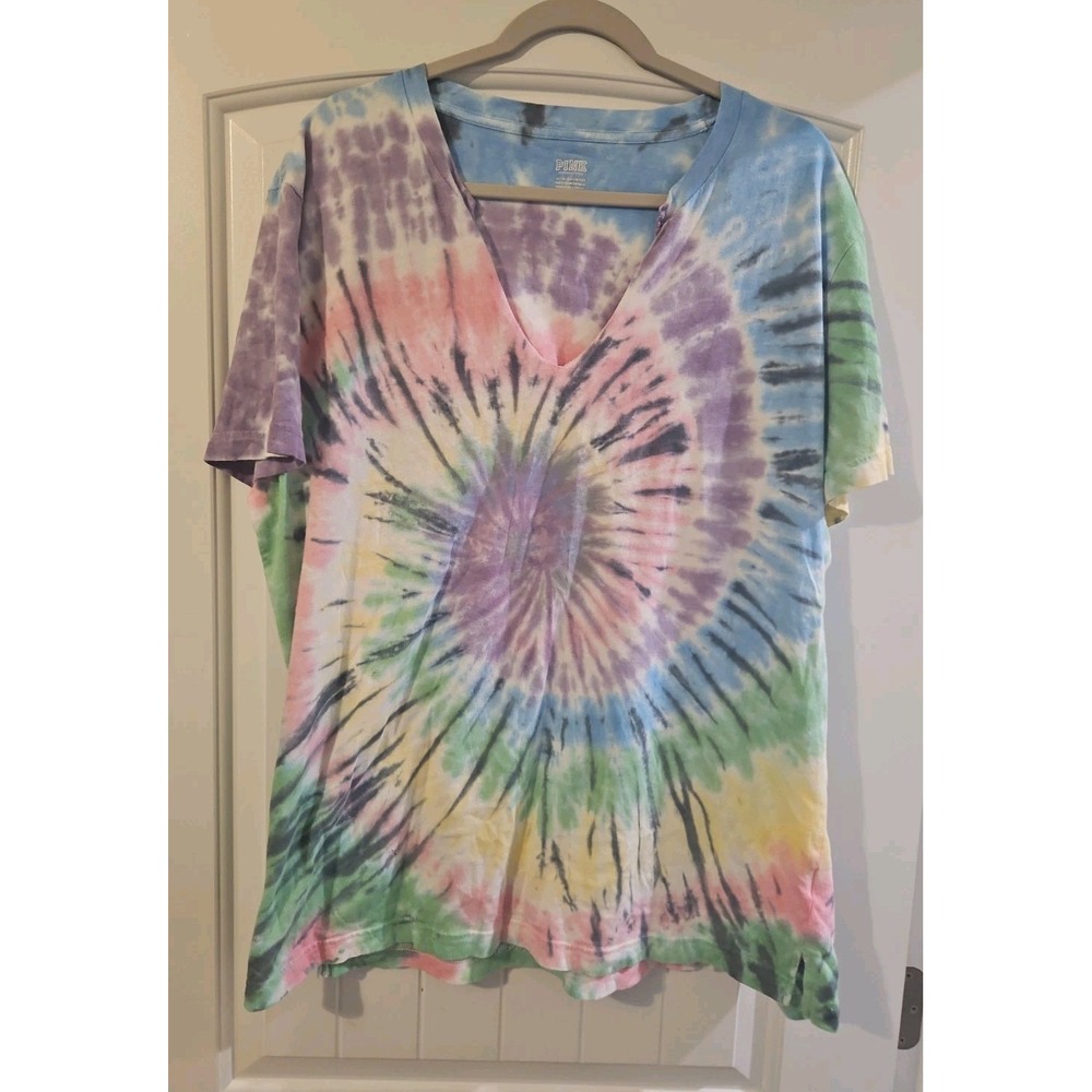PINK Victoria Secret Tie-Dye V-neck Shirt Women's XL 100% Cotton